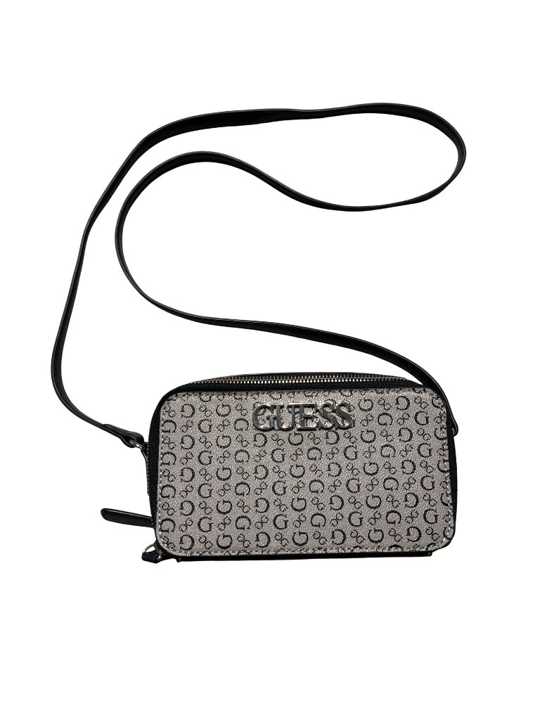 Guess Silver & Black Monogram Double-Zip Crossbody Bag With Logo Plaque 8.5"X5.5